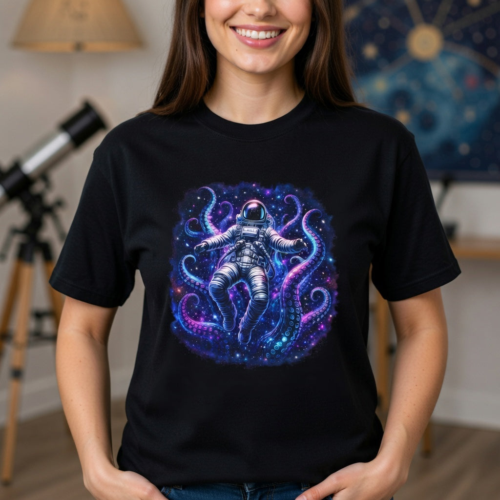 Astronaut & Purple Octopus Cosmic Tee — Surreal Space-Marine Graphic T-Shirt