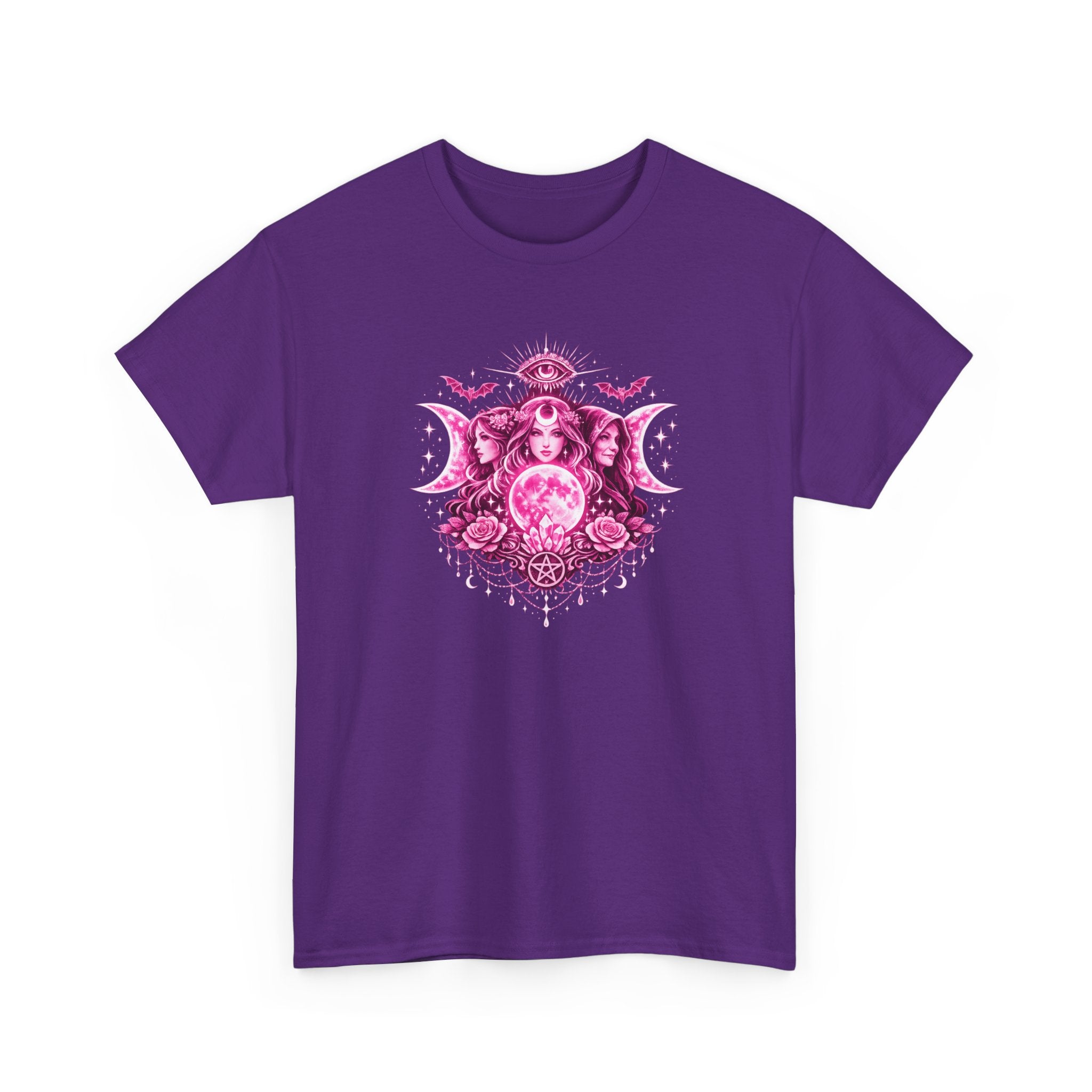 Triple Goddess Mystic Tee — Pink Moon, Third Eye & Pentacle Illustration
