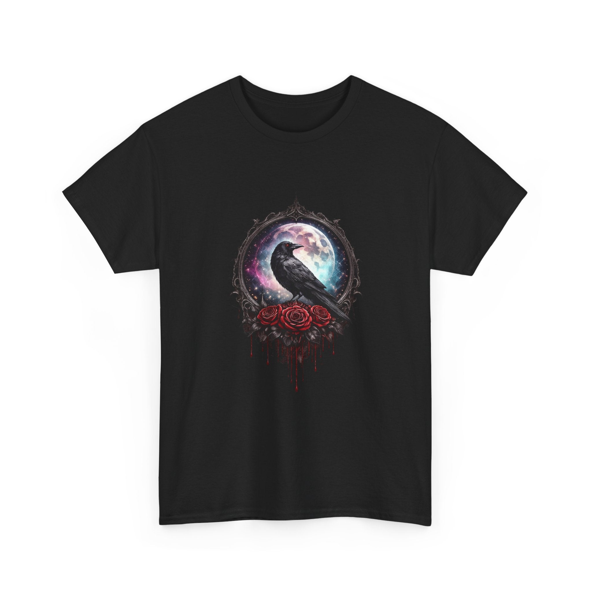 Gothic Raven Tee — Cuervo, Luna y Rosas Rojas (Estética Oscura)