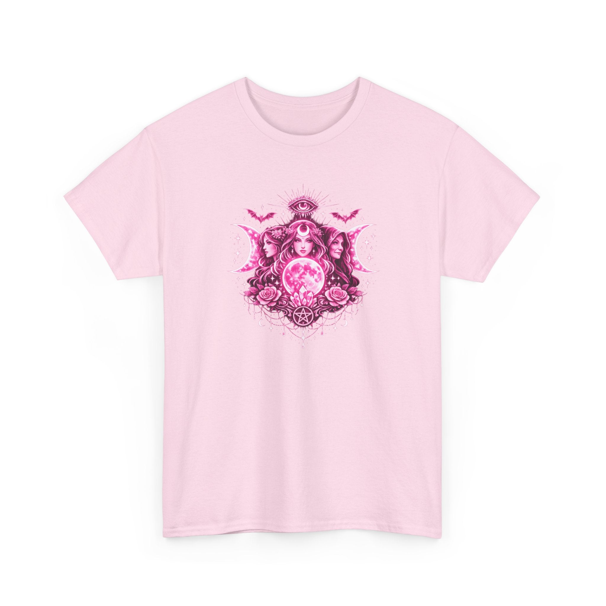Triple Goddess Mystic Tee — Pink Moon, Third Eye & Pentacle Illustration