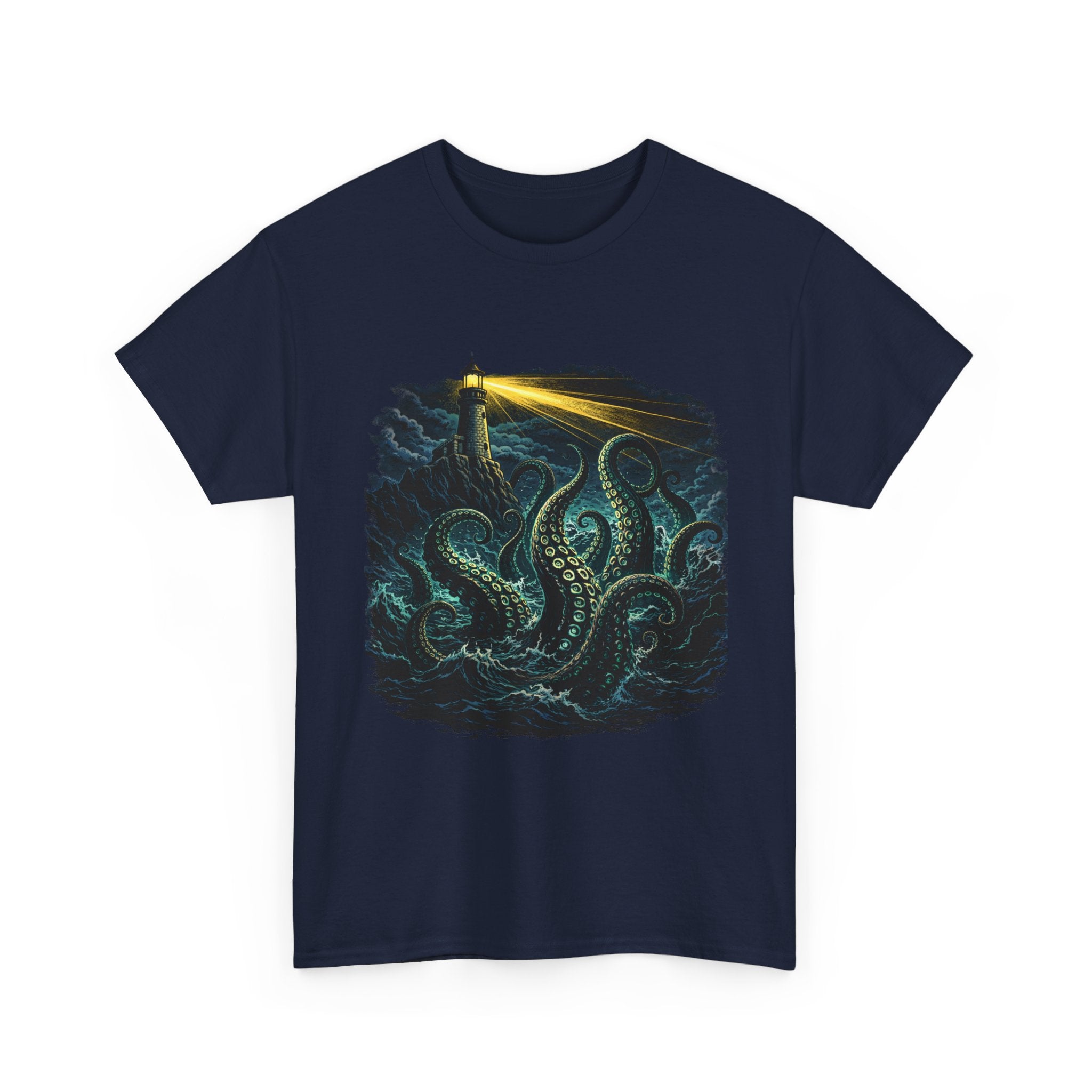 Dark Nautical Lighthouse Tee — Bright Beacon & Mystical Sea Tentacles