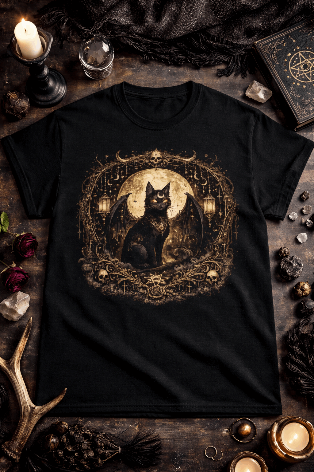 Mystical Gothic Black Cat T-Shirt | Occult Moon Witchy Cat Tee