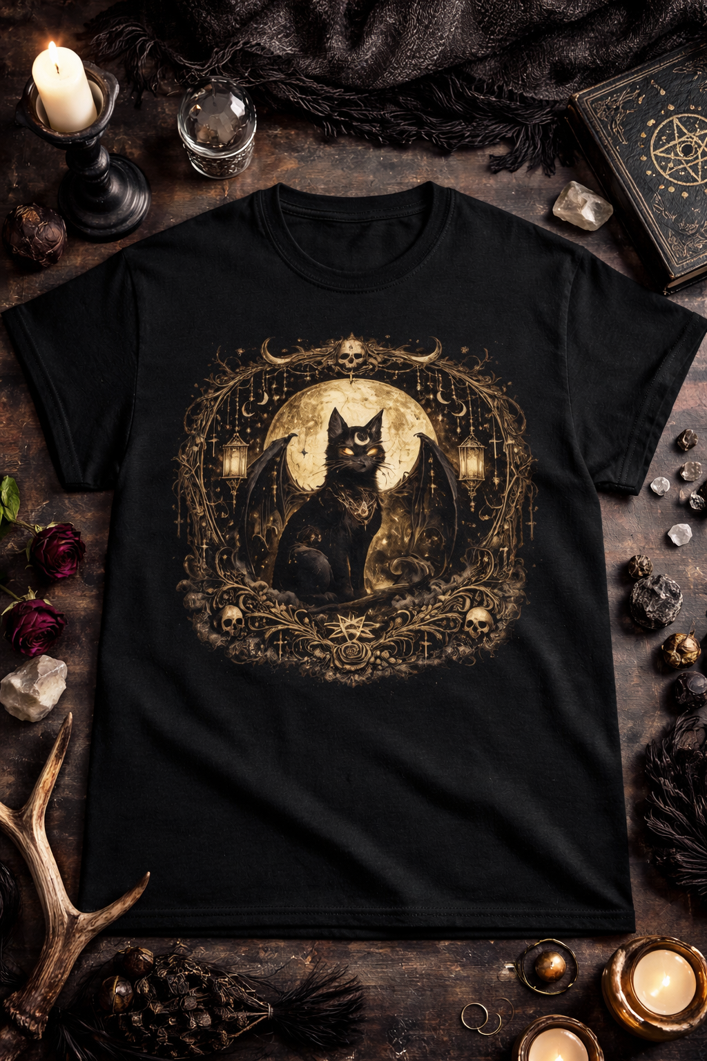 Mystical Gothic Black Cat T-Shirt | Occult Moon Witchy Cat Tee