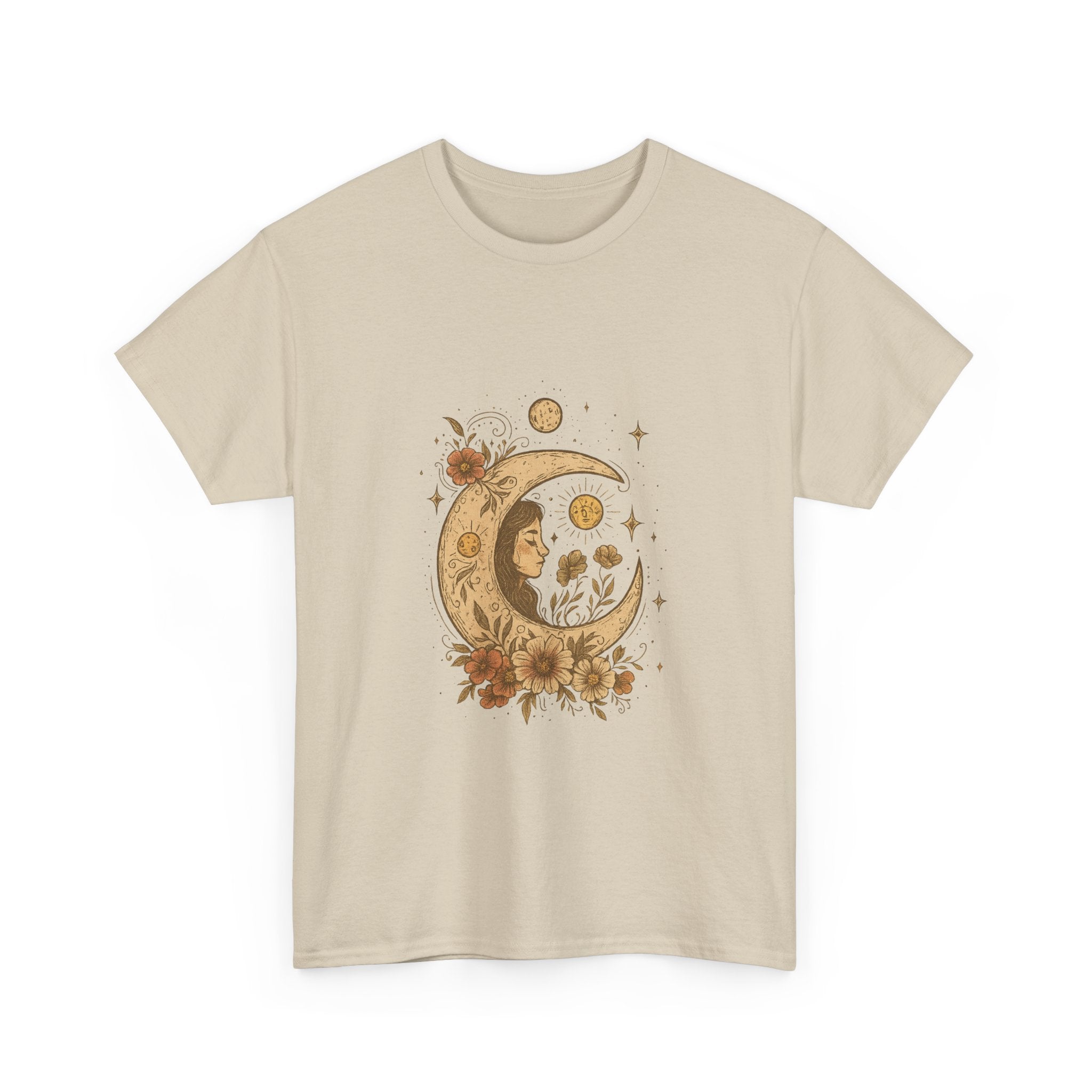 Boho Celestial Moon & Floral Unisex T-Shirt  Aesthetic boho celestial t-shirt with moon and floral design. Soft cotton, unisex fit. Perfect for spiritual, mystical and nature lovers.