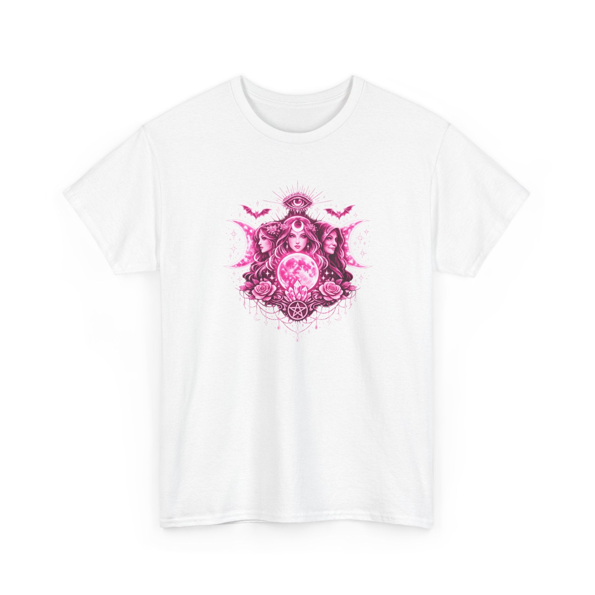 Triple Goddess Mystic Tee — Pink Moon, Third Eye & Pentacle Illustration