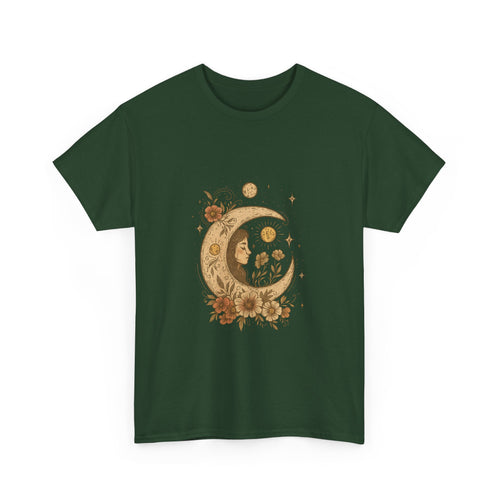 Boho Celestial Moon & Floral Unisex T-Shirt  Aesthetic boho celestial t-shirt with moon and floral design. Soft cotton, unisex fit. Perfect for spiritual, mystical and nature lovers.