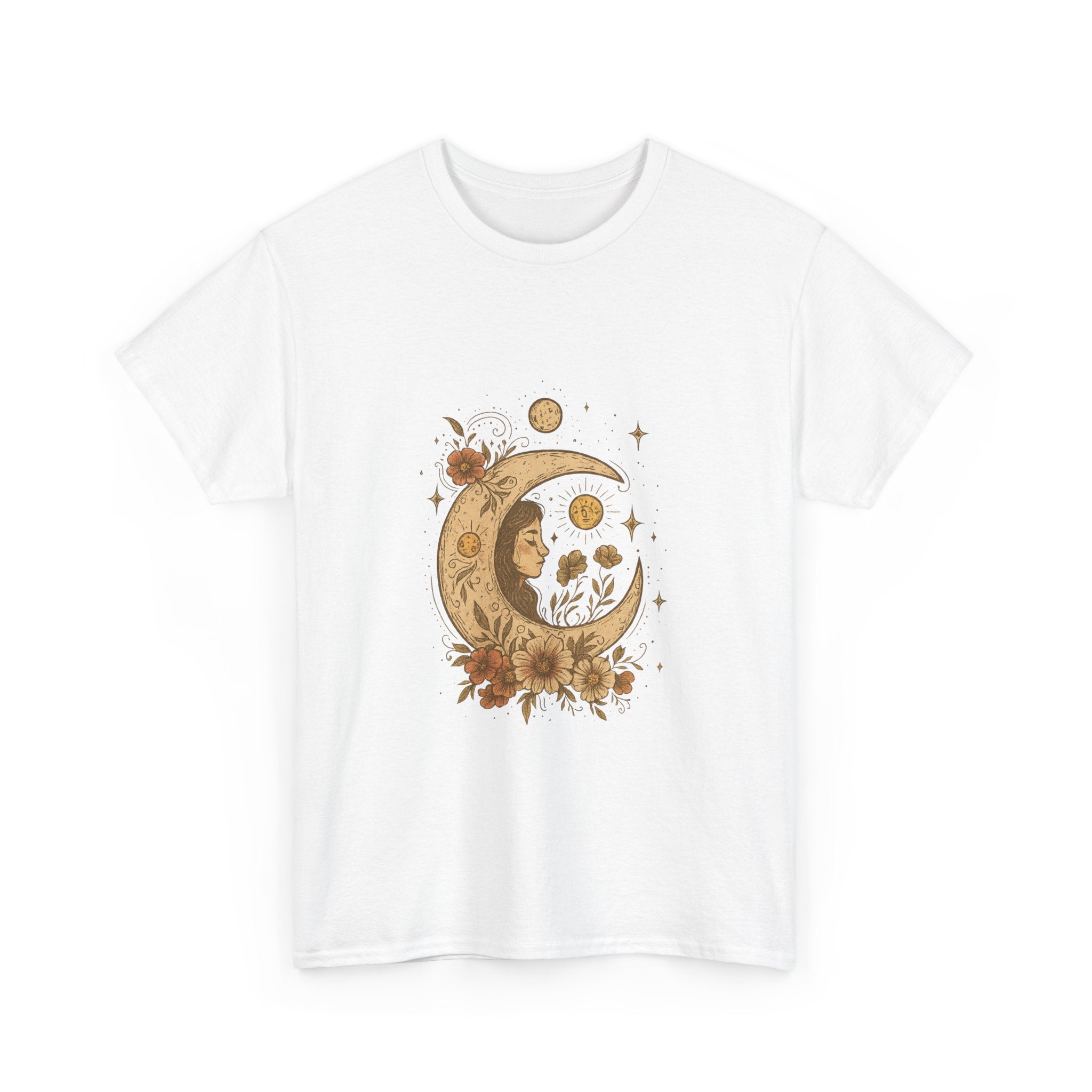 Boho Celestial Moon & Floral Unisex T-Shirt  Aesthetic boho celestial t-shirt with moon and floral design. Soft cotton, unisex fit. Perfect for spiritual, mystical and nature lovers.
