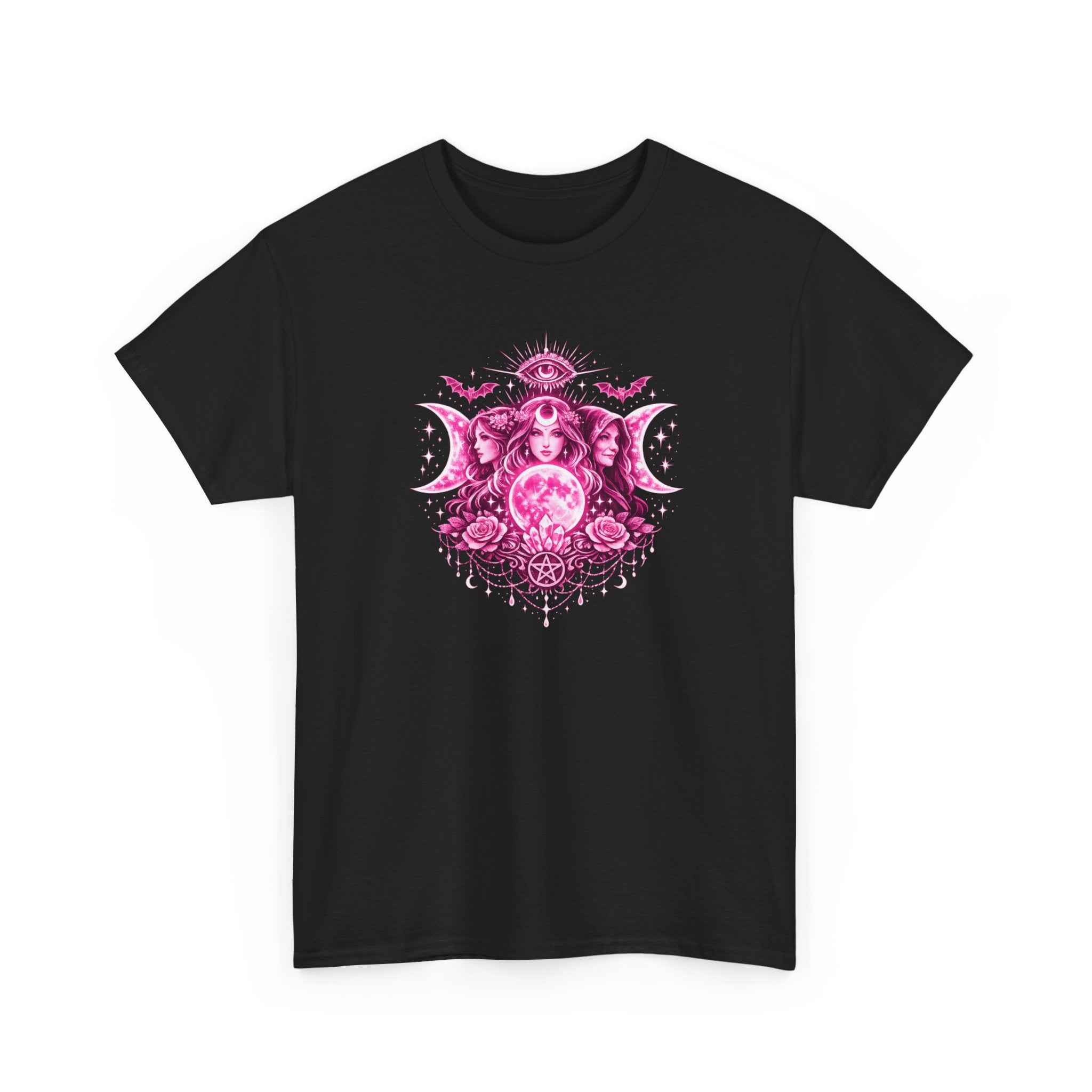 Triple Goddess Mystic Tee — Pink Moon, Third Eye & Pentacle Illustration
