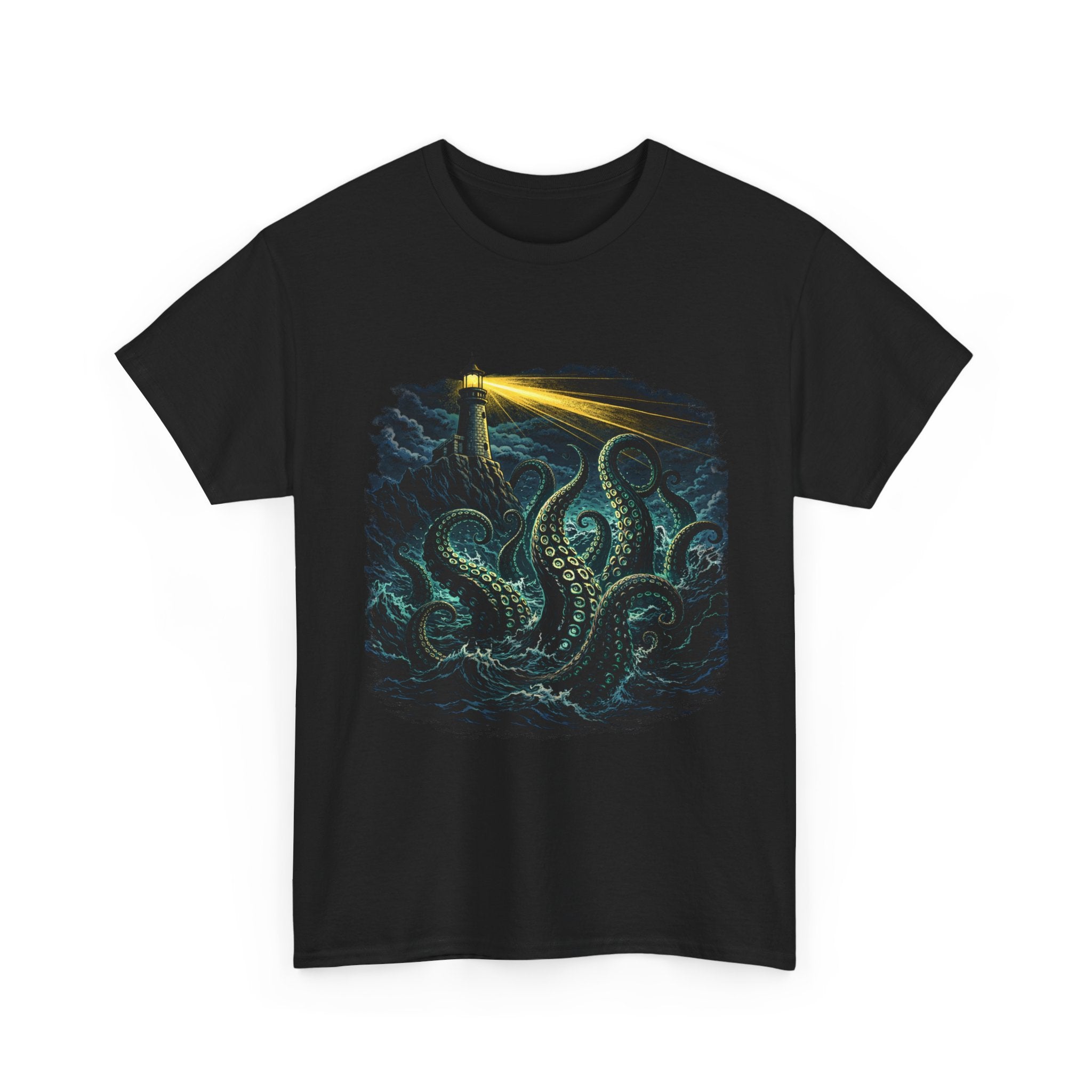Dark Nautical Lighthouse Tee — Bright Beacon & Mystical Sea Tentacles