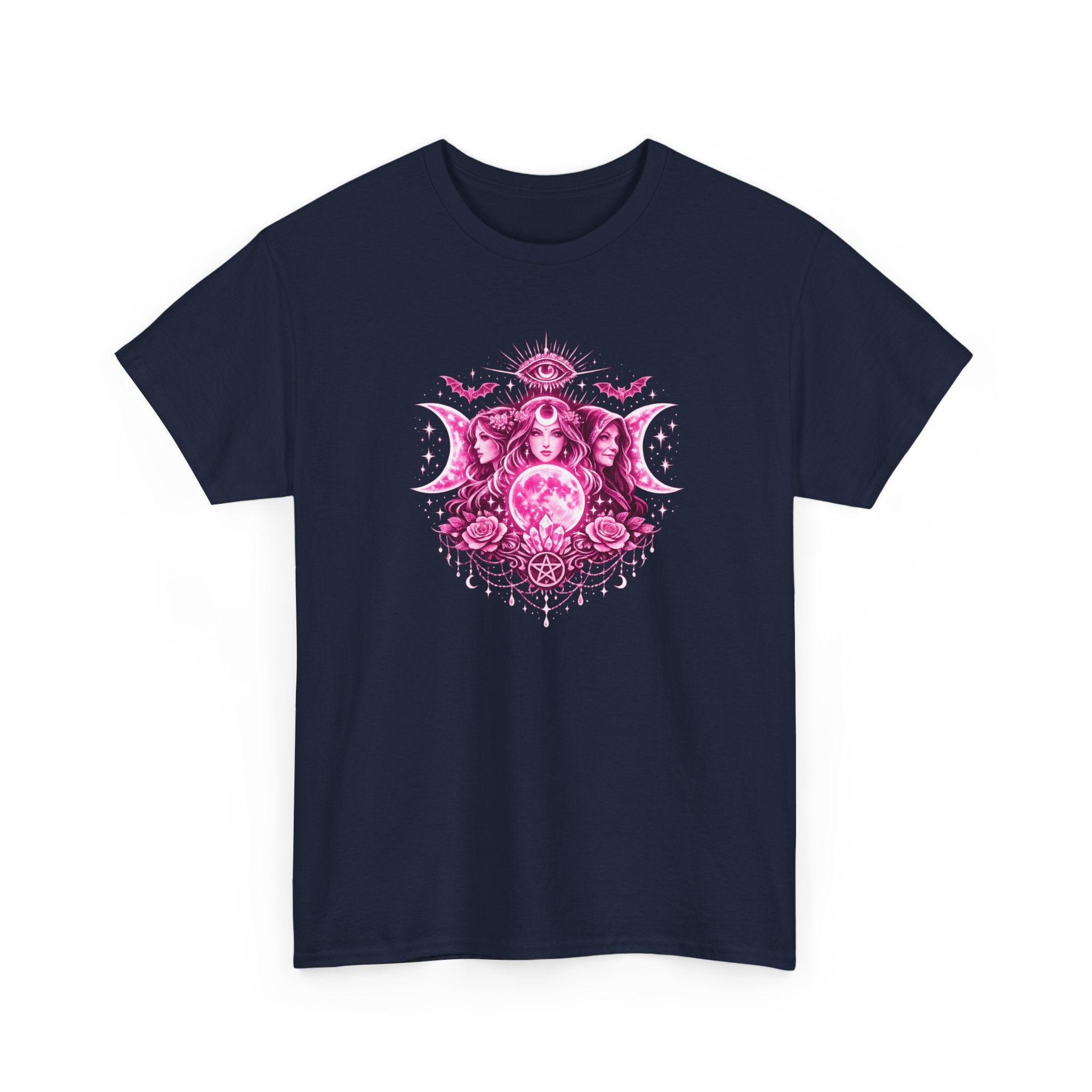 Triple Goddess Mystic Tee — Pink Moon, Third Eye & Pentacle Illustration