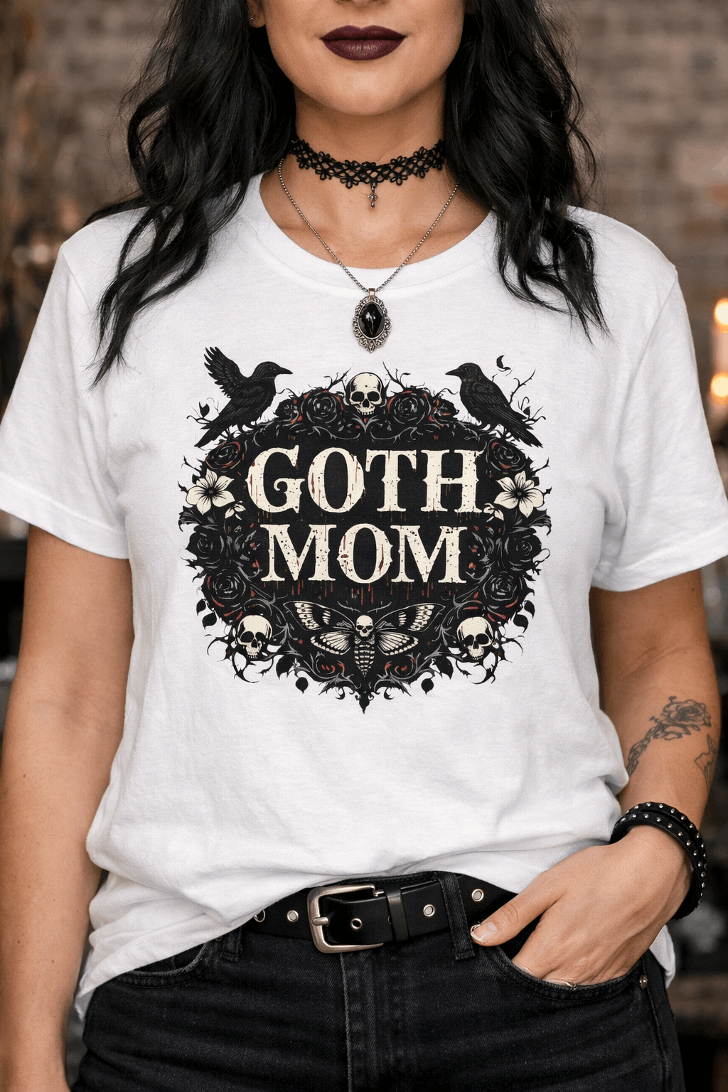 Goth Mom Gothic T-Shirt — Calaveras, Cuervos y Rosas (Vintage Dark Floral)