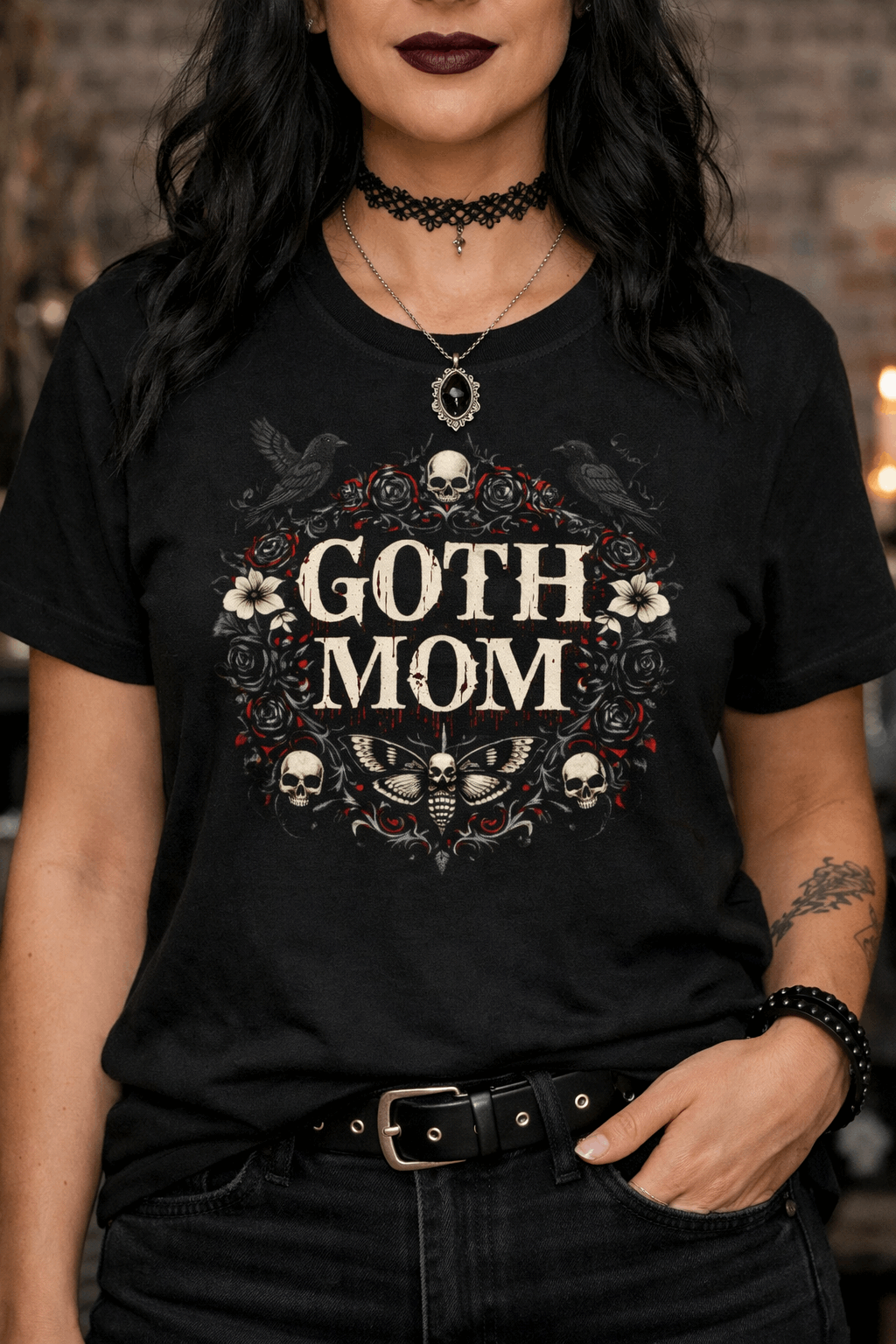 Goth Mom Gothic T-Shirt — Calaveras, Cuervos y Rosas (Vintage Dark Floral)