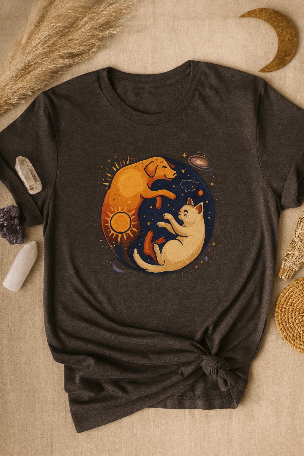Camiseta Boho Celestial Yin Yang Dog Cat Tee