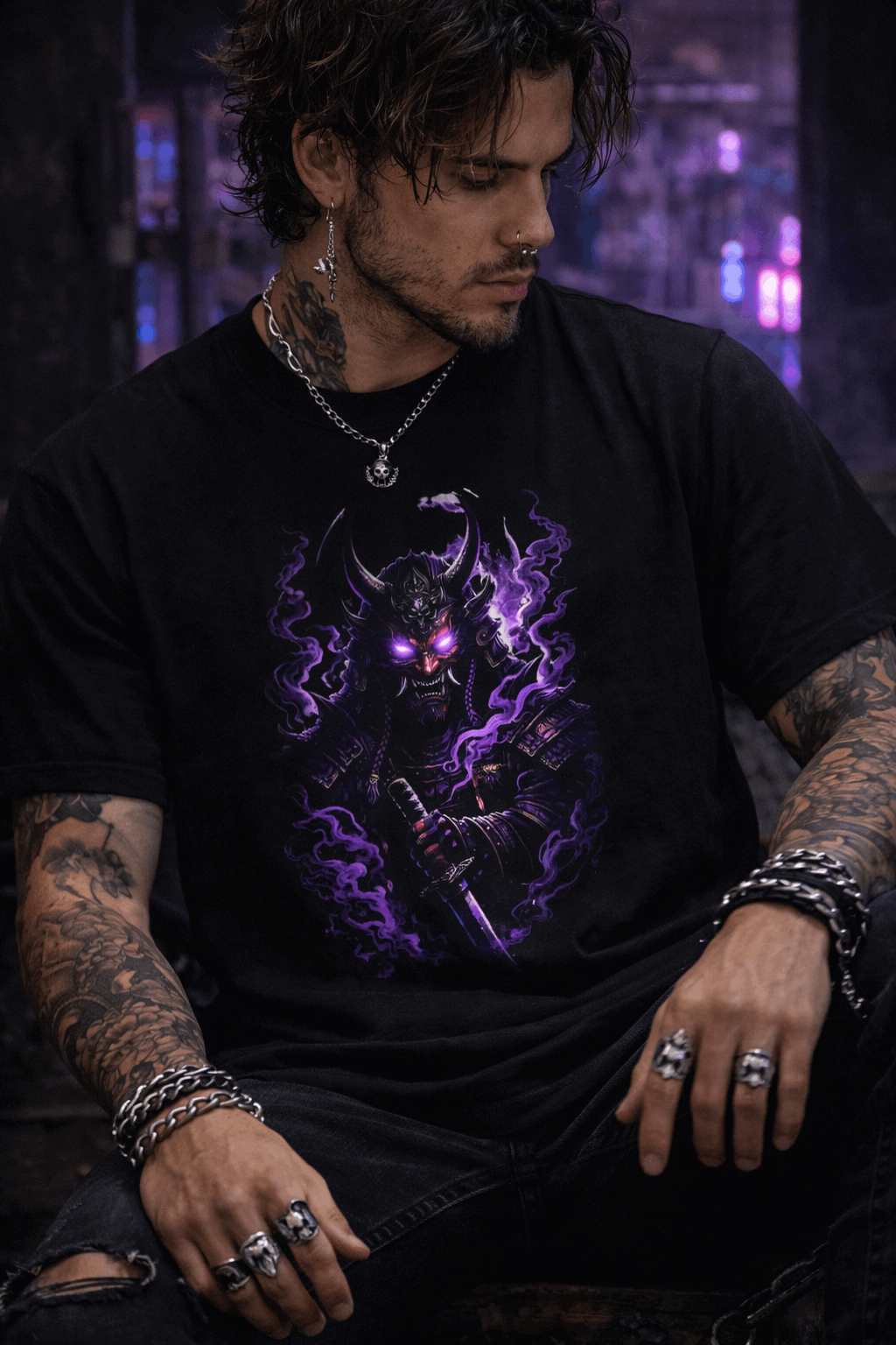 Camiseta Samurai Oni Demoníaco — Guerrero Demonio con Máscara y Luna Violeta