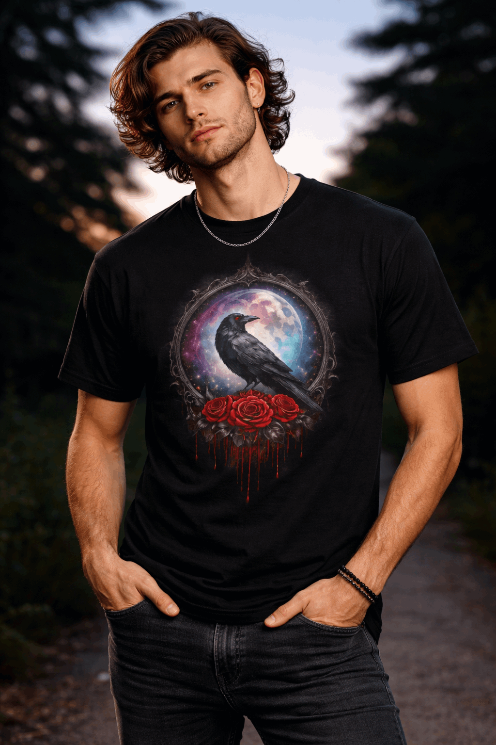 Gothic Raven Tee — Cuervo, Luna y Rosas Rojas (Estética Oscura)