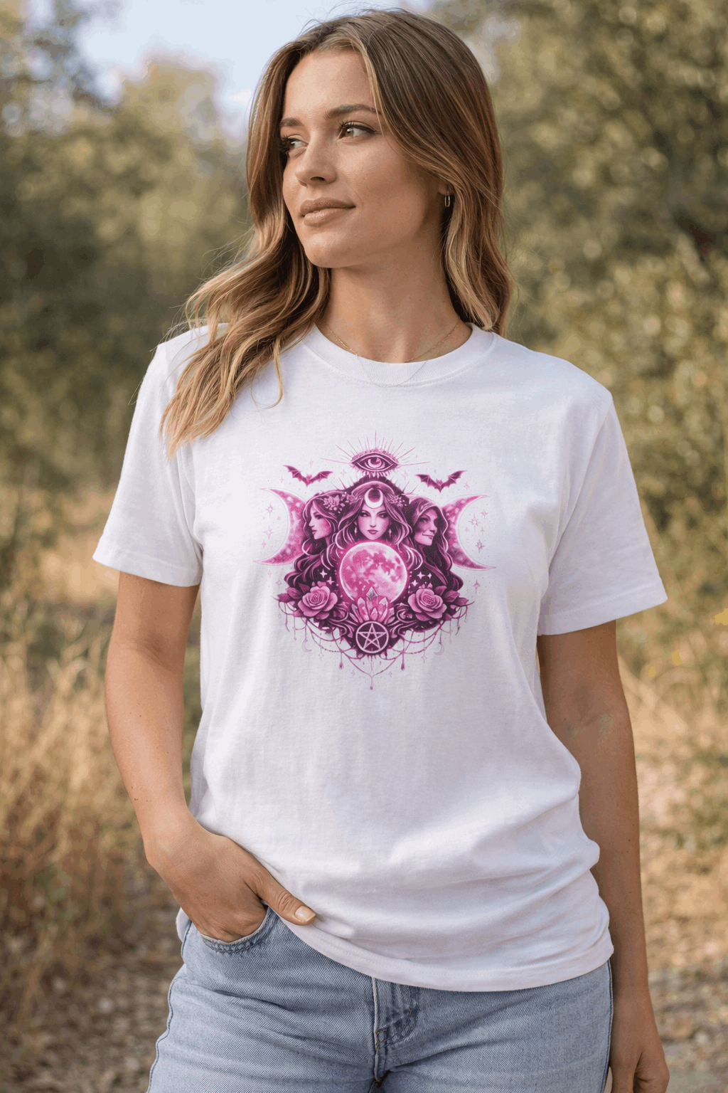 Triple Goddess Mystic Tee — Pink Moon, Third Eye & Pentacle Illustration