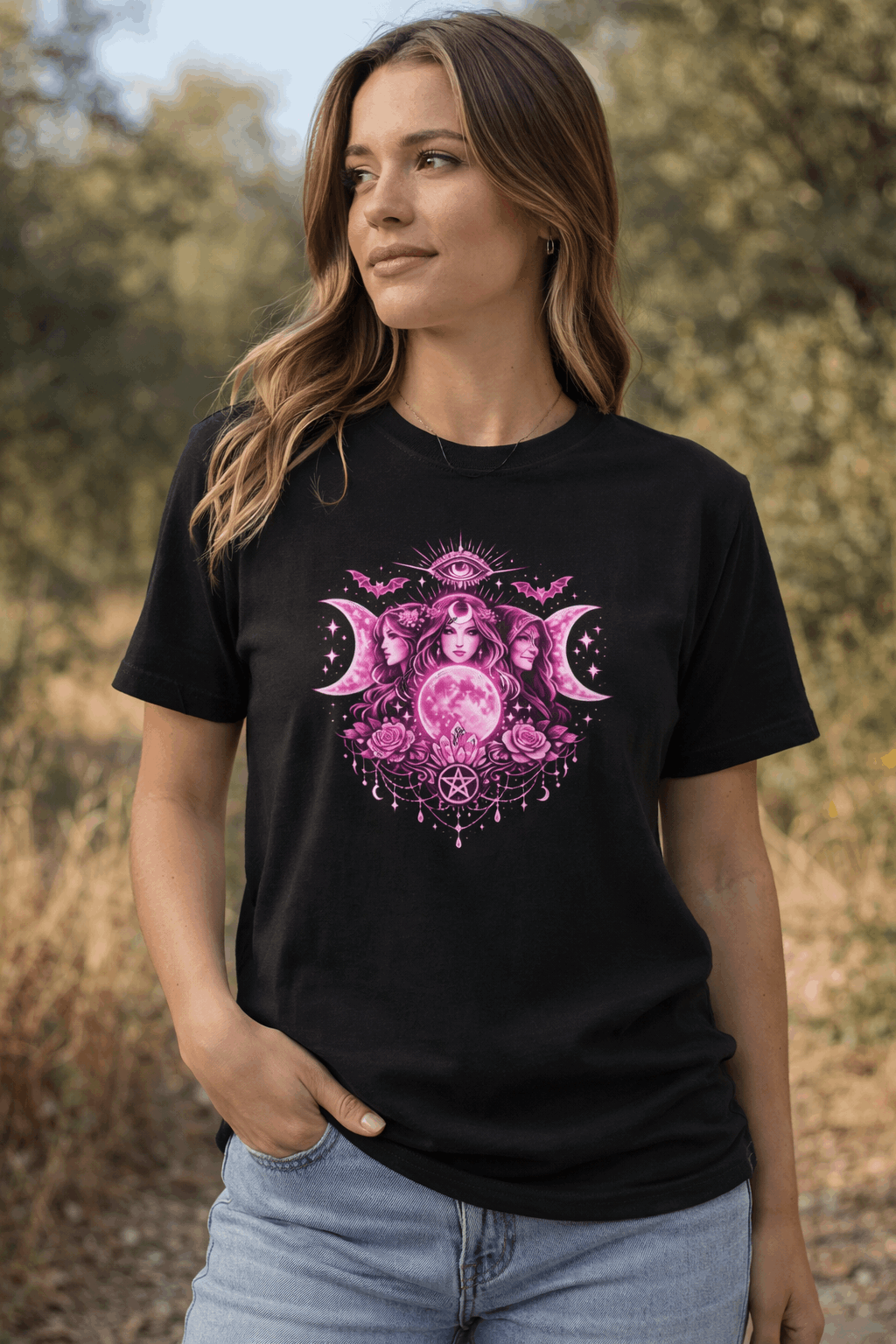 Triple Goddess Mystic Tee — Pink Moon, Third Eye & Pentacle Illustration