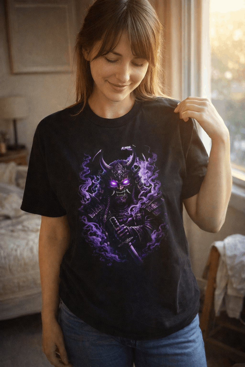 Camiseta Samurai Oni Demoníaco — Guerrero Demonio con Máscara y Luna Violeta