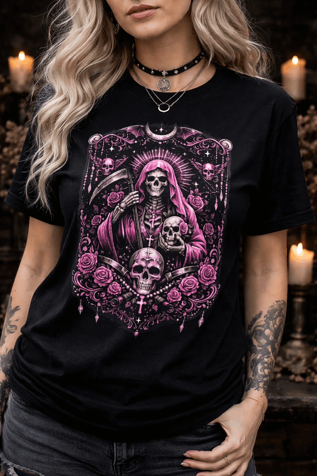 Camiseta Santa Muerte Gothic Pink Unisex Tee