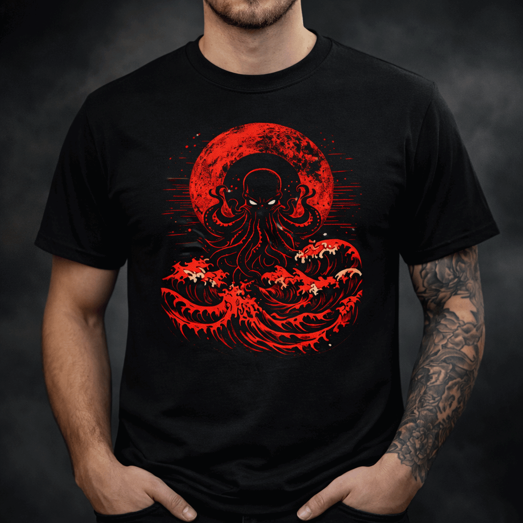 Lovecraftian Tentacle Tee — Red Moon Cosmic Horror Shirt