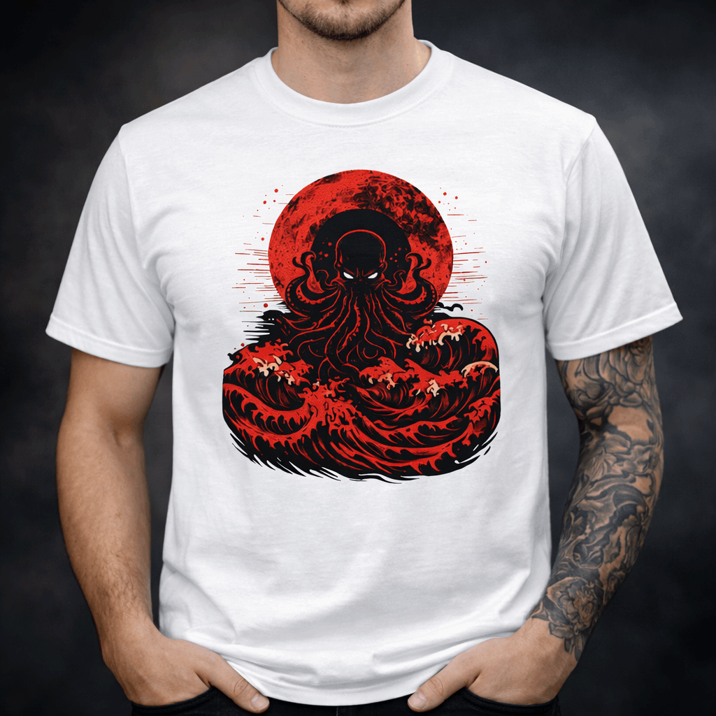 Lovecraftian Tentacle Tee — Red Moon Cosmic Horror Shirt
