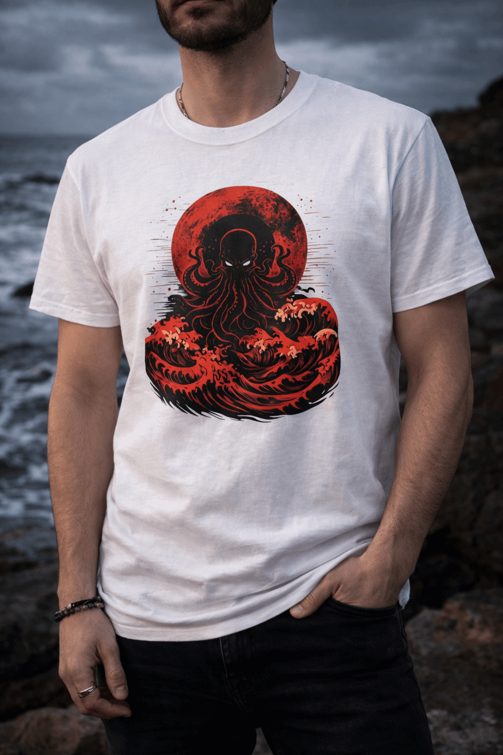 Lovecraftian Tentacle Tee — Red Moon Cosmic Horror Shirt