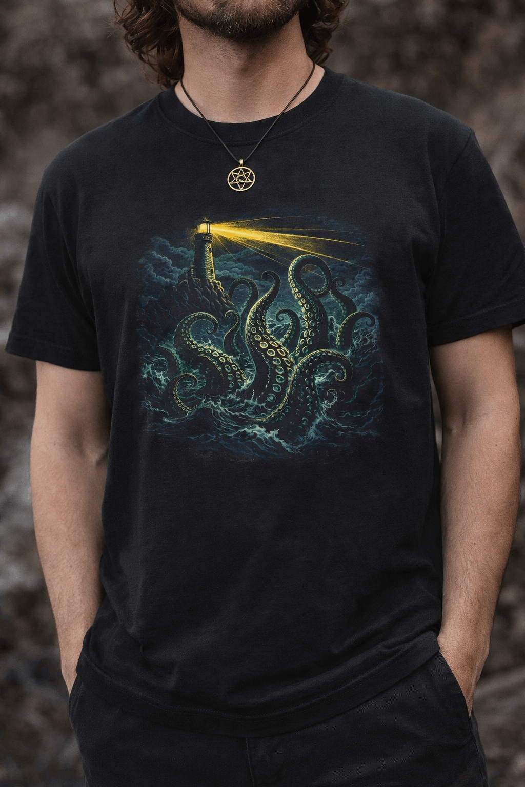 Dark Nautical Lighthouse Tee — Bright Beacon & Mystical Sea Tentacles