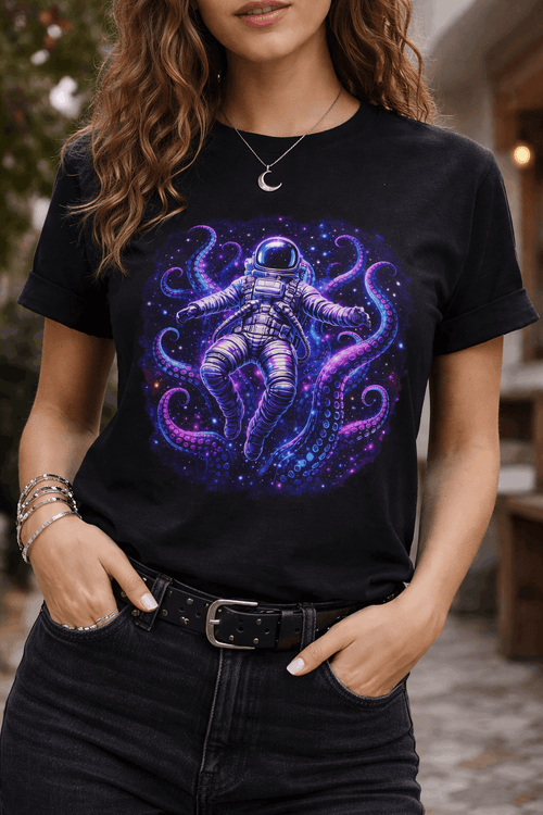 Astronaut & Purple Octopus Cosmic Tee — Surreal Space-Marine Graphic T-Shirt