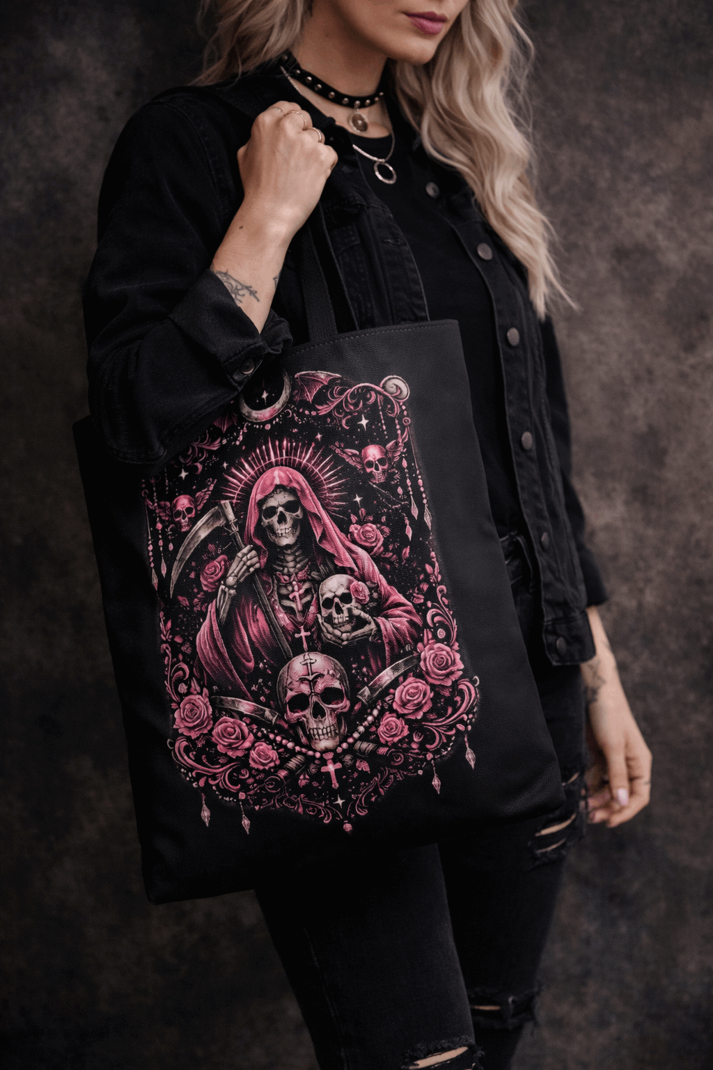 Tote Bag Santa Muerte Gothic Boho Negra