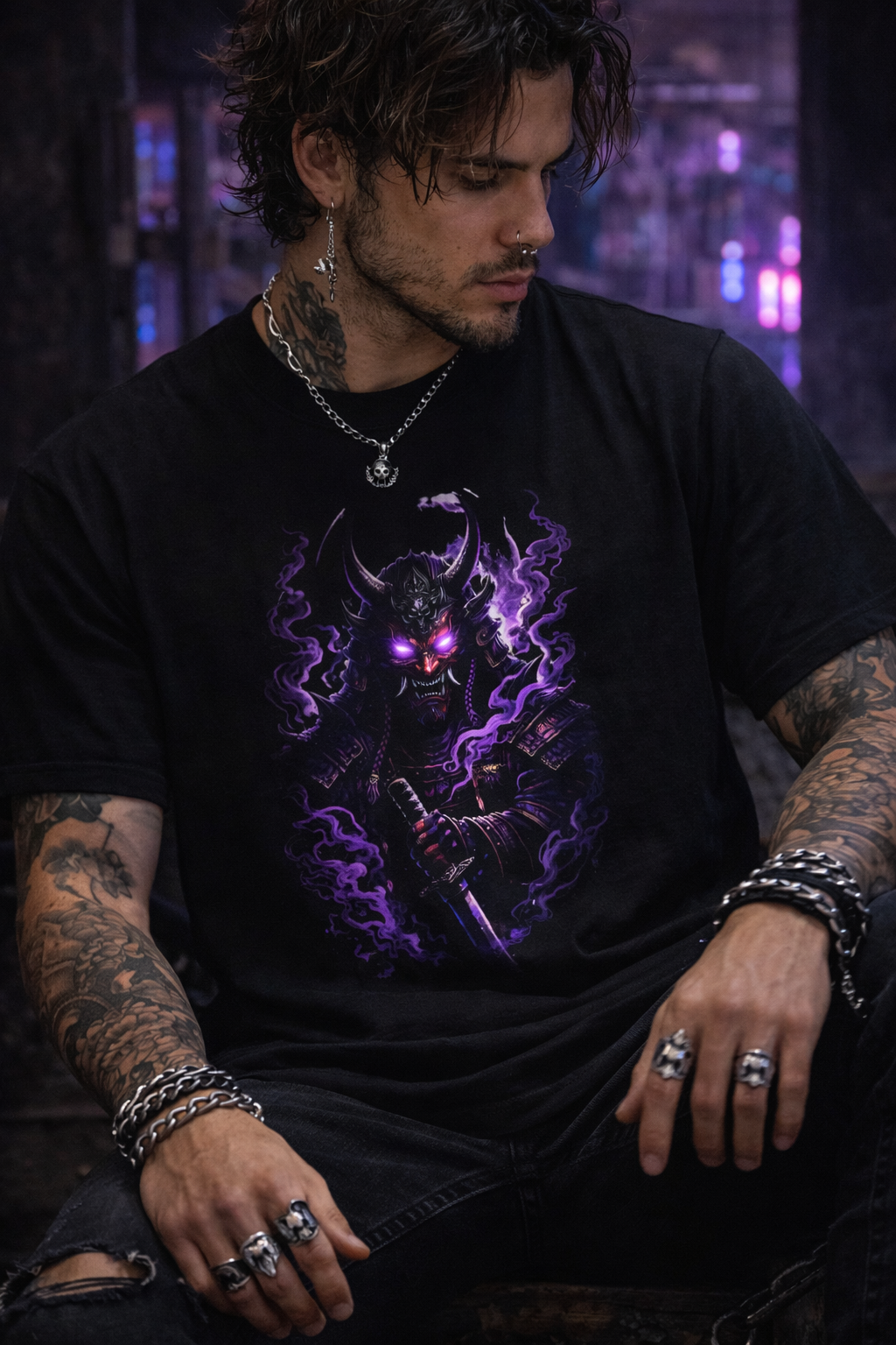 Camiseta Samurai Oni Demoníaco — Guerrero Demonio con Máscara y Luna Violeta