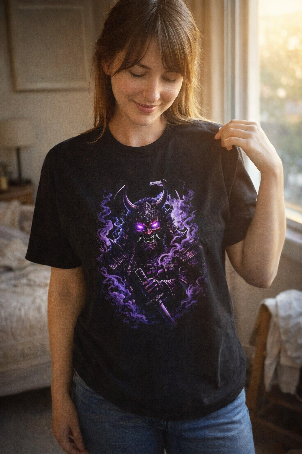 Camiseta Samurai Oni Demoníaco — Guerrero Demonio con Máscara y Luna Violeta