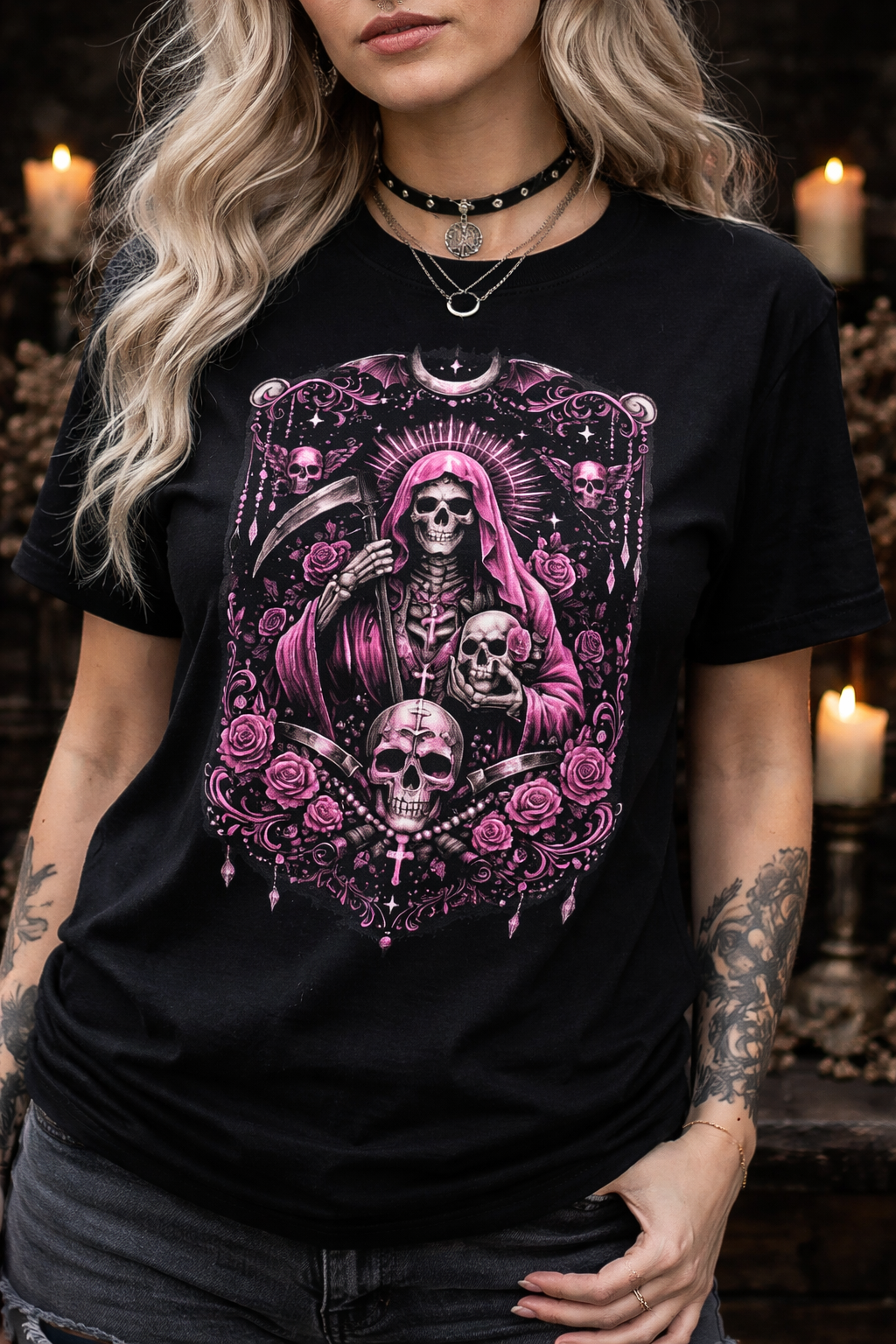 Camiseta Santa Muerte Gothic Pink Unisex Tee