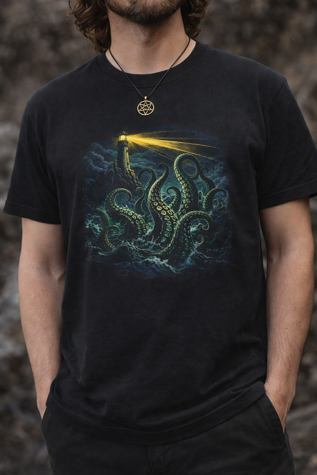 Dark Nautical Lighthouse Tee — Bright Beacon & Mystical Sea Tentacles