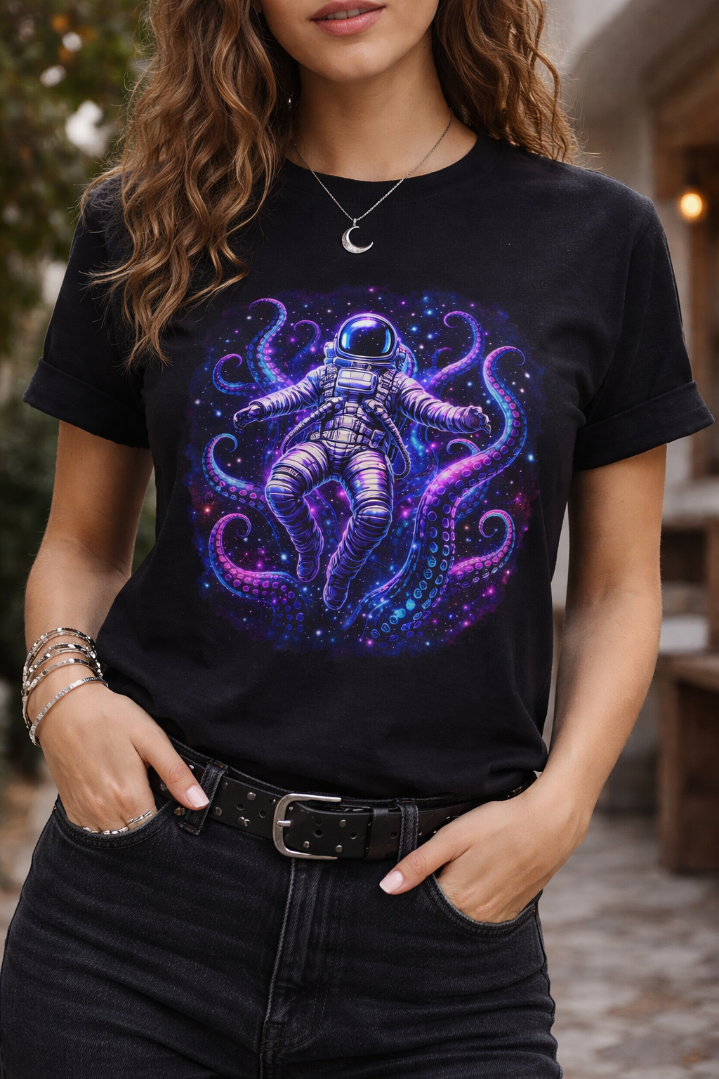 Astronaut & Purple Octopus Cosmic Tee — Surreal Space-Marine Graphic T-Shirt