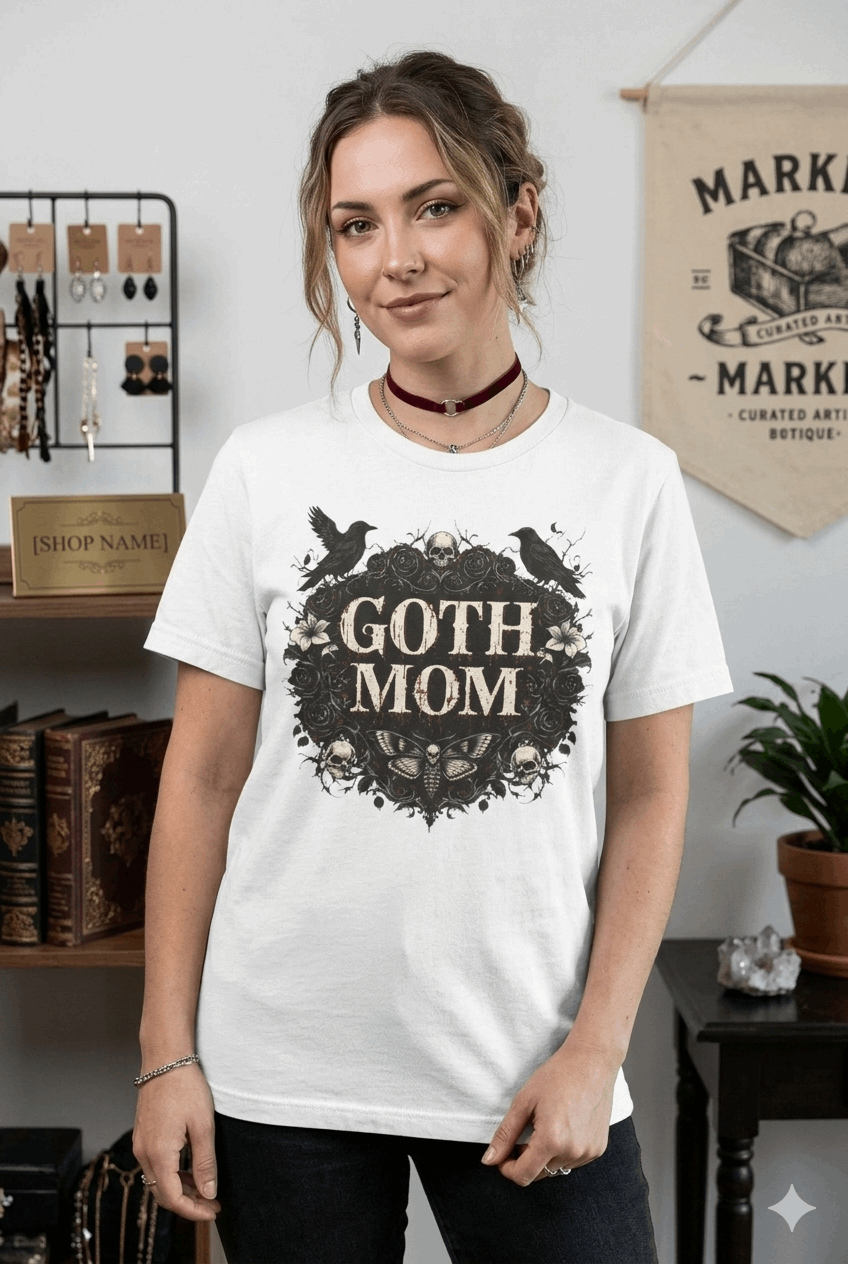 Goth Mom Gothic T-Shirt — Calaveras, Cuervos y Rosas (Vintage Dark Floral)