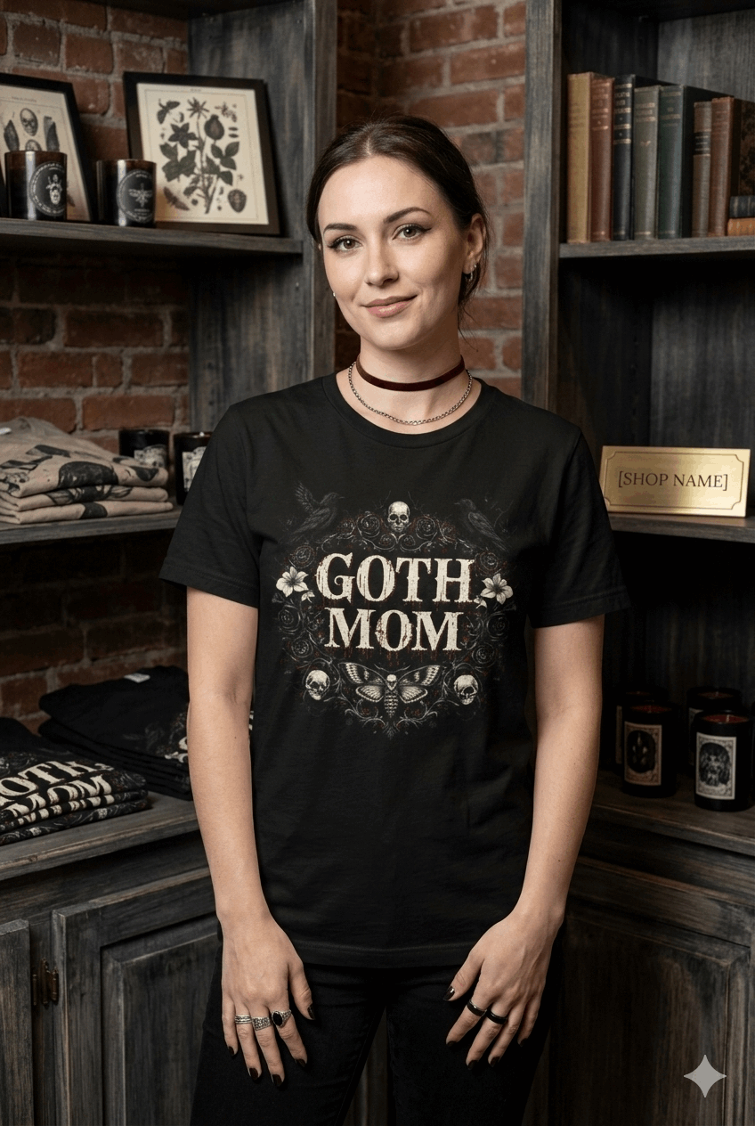 Goth Mom Gothic T-Shirt — Calaveras, Cuervos y Rosas (Vintage Dark Floral)