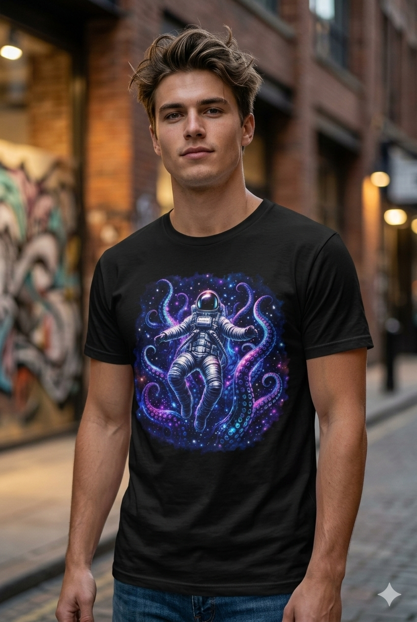 Astronaut & Purple Octopus Cosmic Tee — Surreal Space-Marine Graphic T-Shirt