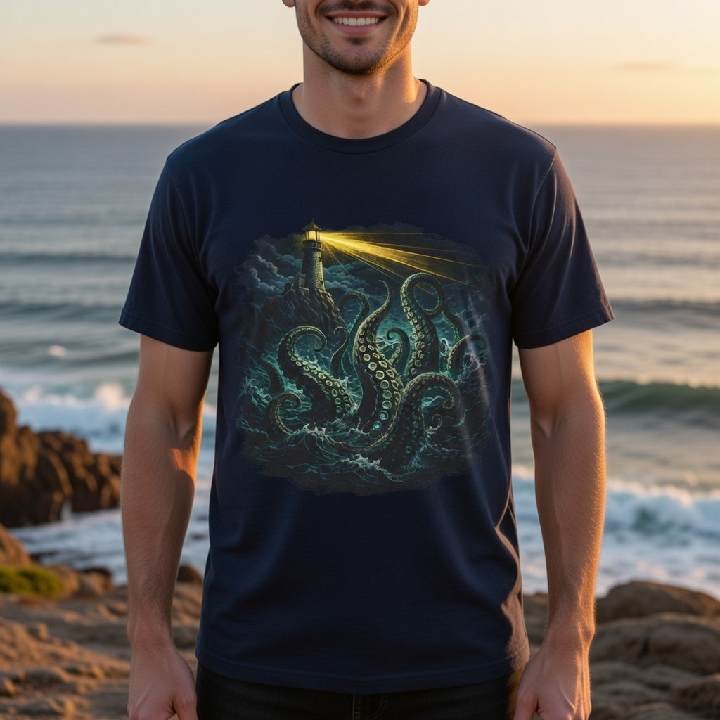 Dark Nautical Lighthouse Tee — Bright Beacon & Mystical Sea Tentacles
