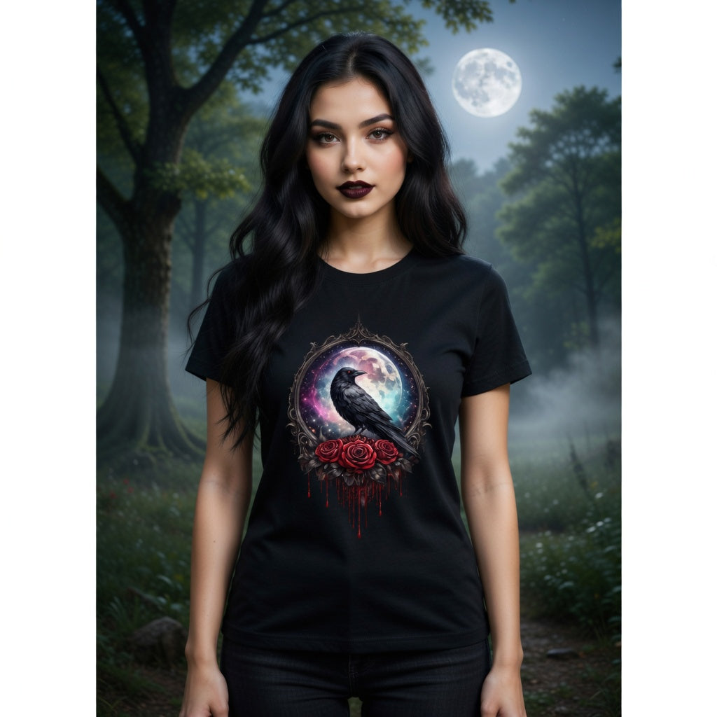 Gothic Raven Tee — Cuervo, Luna y Rosas Rojas (Estética Oscura)