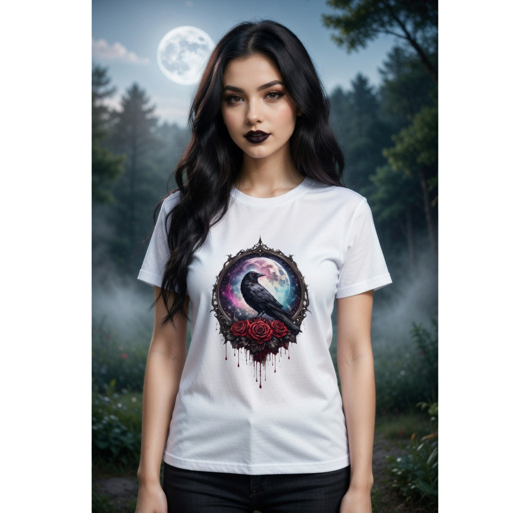 Gothic Raven Tee — Cuervo, Luna y Rosas Rojas (Estética Oscura)